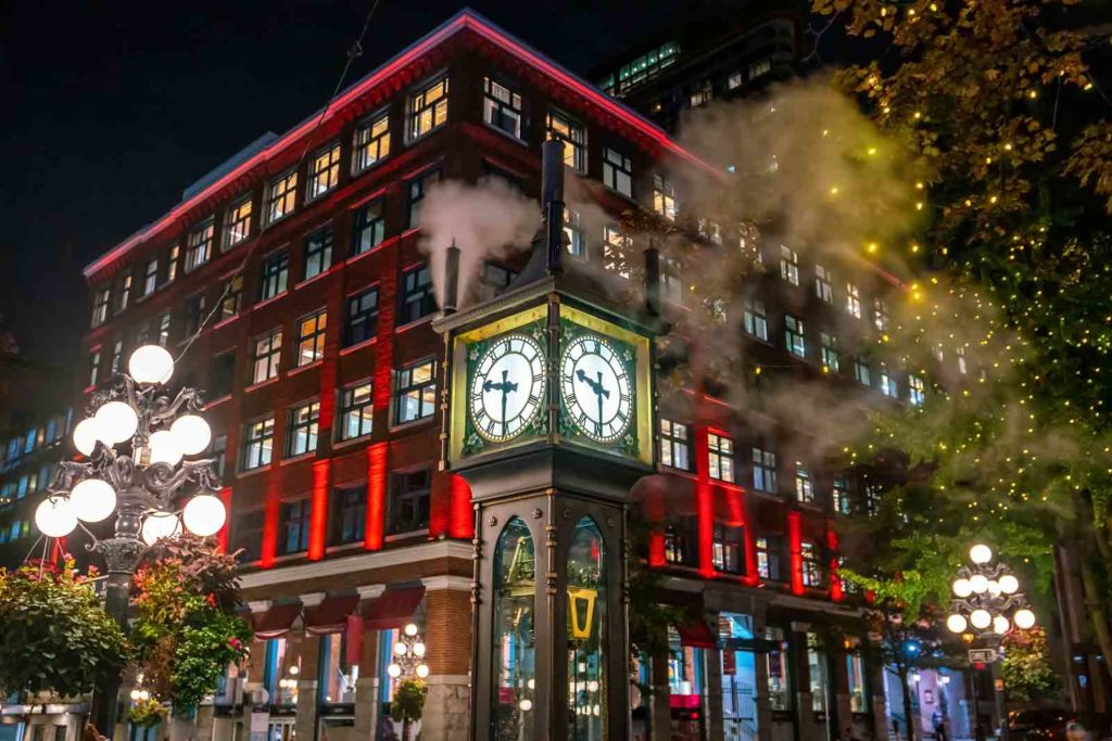 33682704 old steam clock in vancouvers historic gastown district at nigh